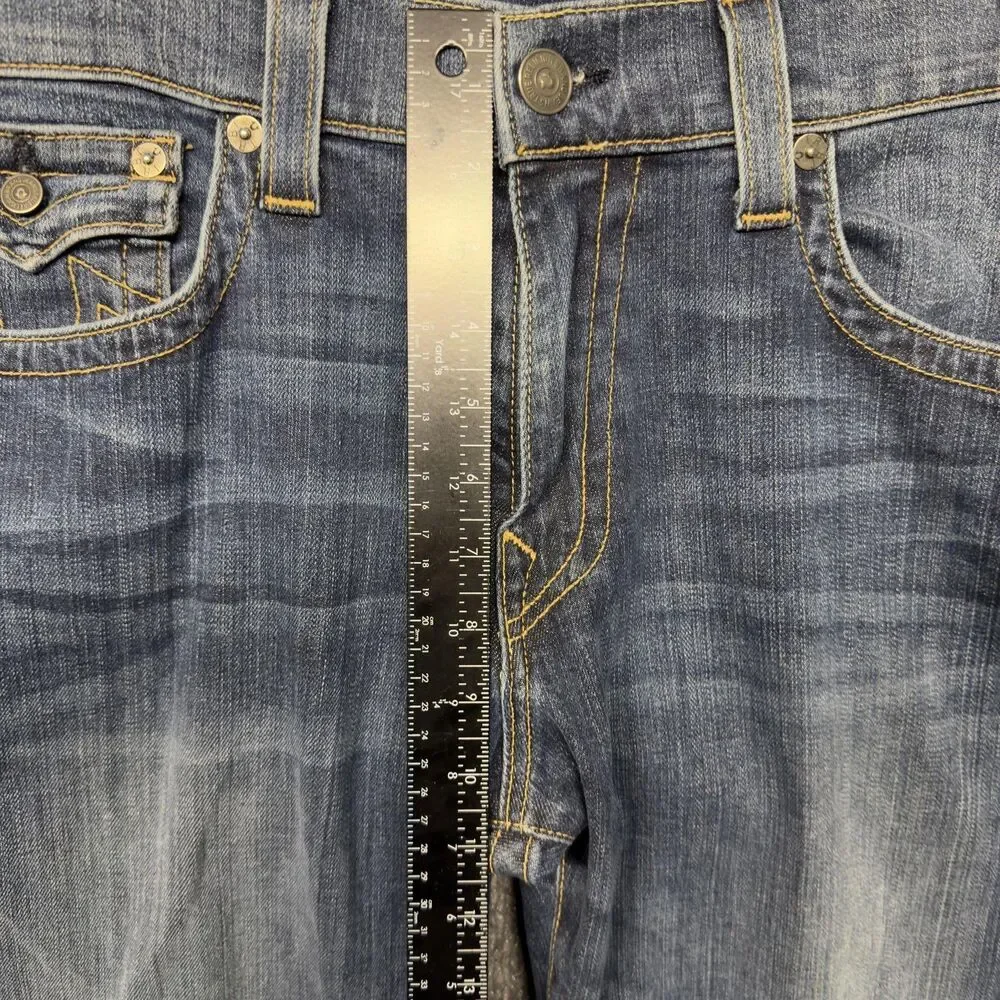 True Religion Ricky W/Flap Jeans Mens 38x26 Blue Relaxed Straight USA Short Hem